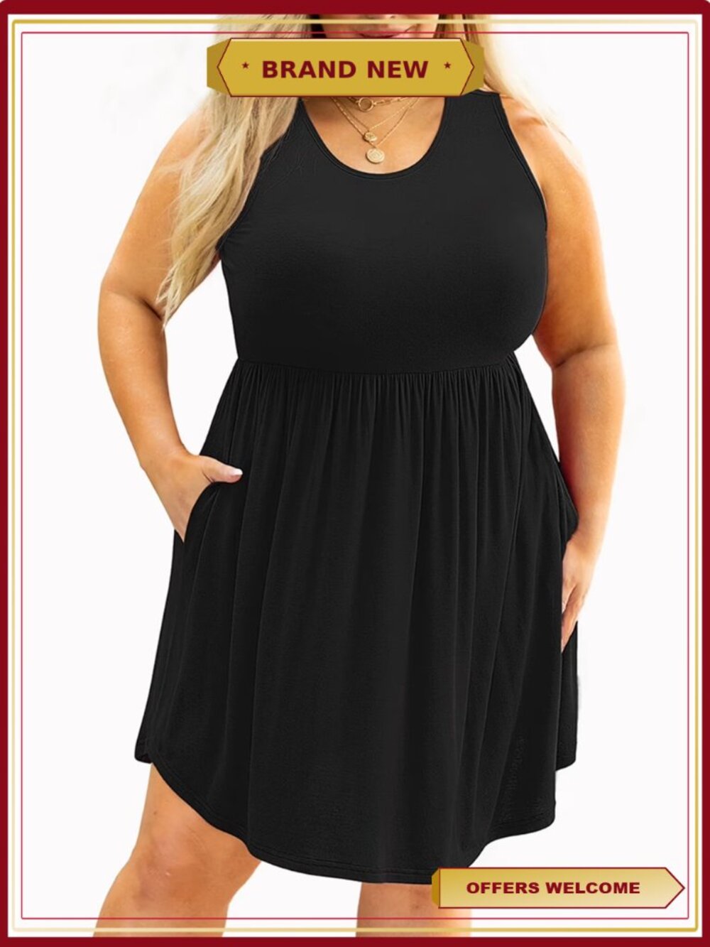 Plus Size Summer Dress Sleeveless Flowy Pleated Swing Sundress with Pockets
